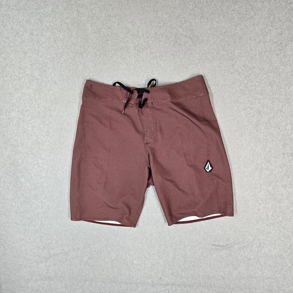 Volcom Men Shorts 32 Red Swimwear Striped Board Shorts Logo 10" Inseam Quick Dry